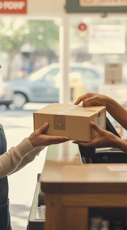Cliente entregando paquete en Estanco Coria para envío rápido en Coria del Río. Servicio de paquetería local con empresas de mensajería confiables.