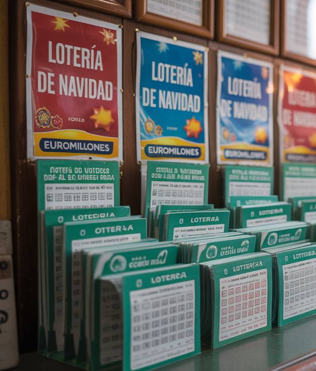 Imagen de billetes oficiales de lotería sobre el mostrador de un estanco, junto a carteles de Lotería de Navidad y Euromillones en Coria del Río.
