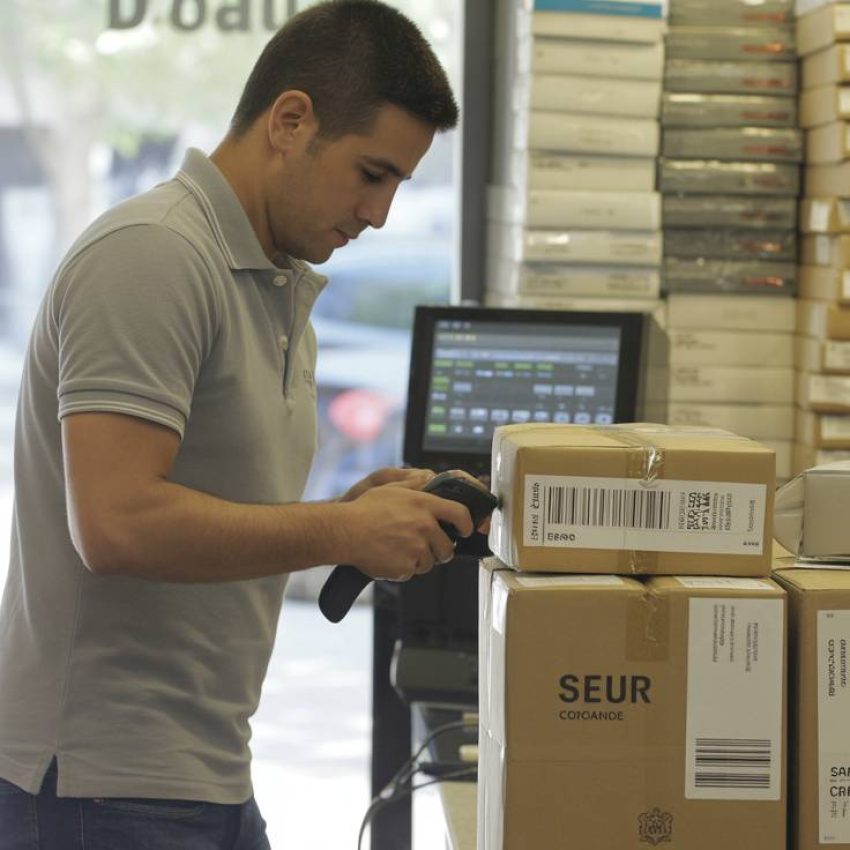 Empleado del estanco gestionando un envío con etiquetas de paquetería, trabajando con plataformas como SEUR y Correos Express en Coria del Río.